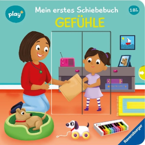 Buchcover und Innenansicht für das Buch: Play+ Mein erstes Schiebebuch Gefühle - ab 18 Monate