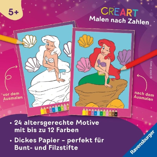 Buchcover und Innenansicht für das Buch: CreArt Malen nach Zahlen ab 5 Disney Prinzessinnen - Starke Mädchen