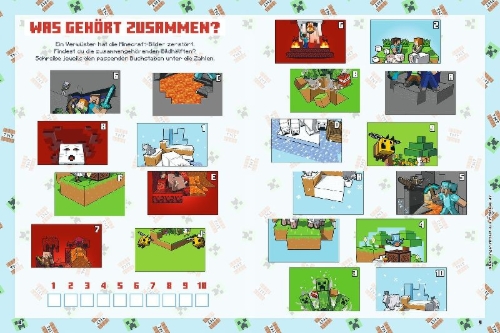 Buchcover und Innenansicht für das Buch: Minecraft: Mein großer Rätselspaß