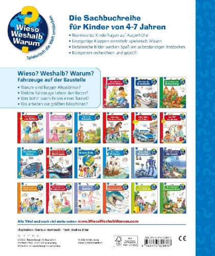 Buchcover und Innenansicht für das Buch: Wieso? Weshalb? Warum?, Band 7: Fahrzeuge auf der Baustelle