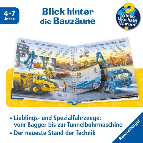 Buchcover und Innenansicht für das Buch: Wieso? Weshalb? Warum?, Band 7: Fahrzeuge auf der Baustelle