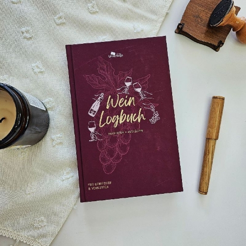 Buchcover und Innenansicht für das Buch: Unterwegs Wein-Logbuch