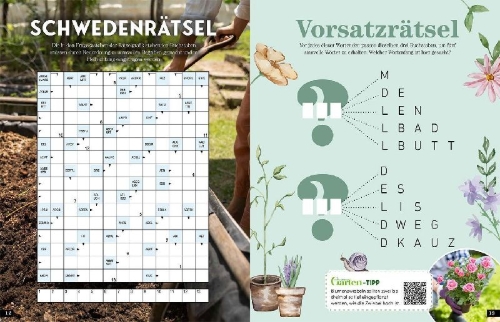 Buchcover und Innenansicht für das Buch: Das Garten-Rätselbuch - Mit Profi-Tipps von "mein schöner Garten" für das ganze Jahr