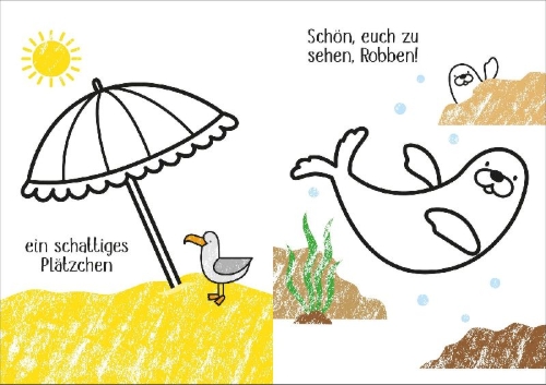Buchcover und Innenansicht für das Buch: Kleine Kreativ-Werkstatt - Ganz einfach ausmalen: Am Strand