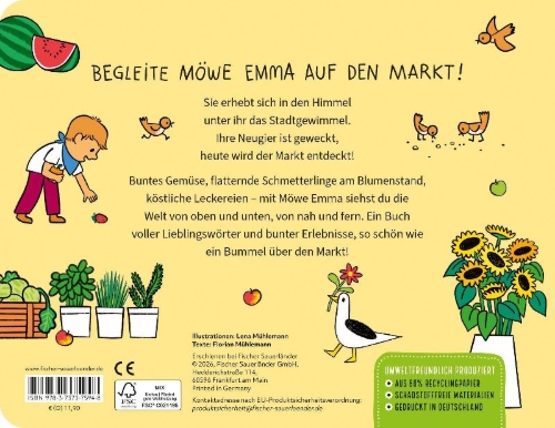 Buchcover und Innenansicht für das Buch: Möwe Emma im Gewimmel: Auf dem Markt