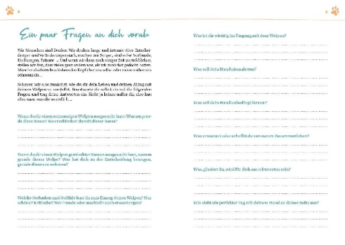 Buchcover und Innenansicht für das Buch: Das erste Jahr mit deinem Welpen  - dein Wochenkalender