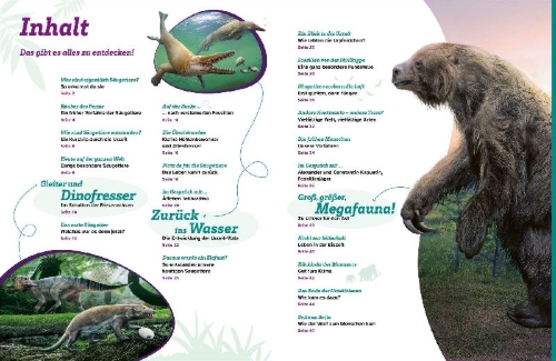 Buchcover und Innenansicht für das Buch: WAS IST WAS Säugetiere der Urzeit. Von Flughörnchen bis Mammut
