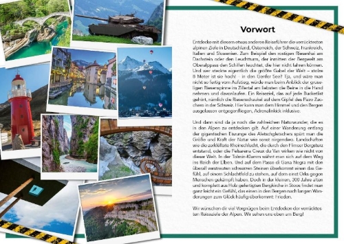 Buchcover und Innenansicht für das Buch: Der verrückteste Reiseführer für die Alpen