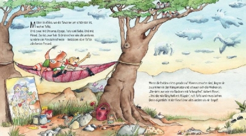 Buchcover und Innenansicht für das Buch: Tafiti und der geheimnisvolle Kuschelkissendieb