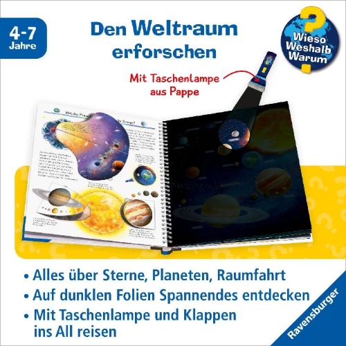 Buchcover und Innenansicht für das Buch: Wieso? Weshalb? Warum? Leuchte und entdecke - Weltraum