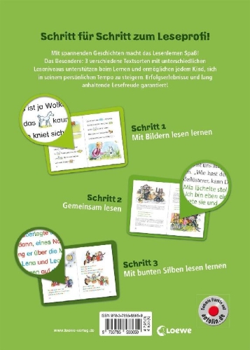 Buchcover und Innenansicht für das Buch: Lesenlernen in 3 Schritten - Die schönsten Ponygeschichten