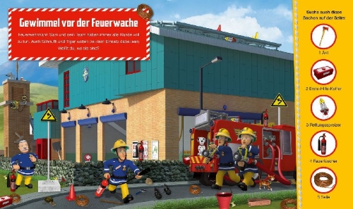 Buchcover und Innenansicht für das Buch: Feuerwehrmann Sam: Mein Wimmel-Suchbuch mit Feuerwehrmann Sam