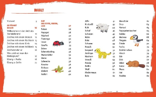 Buchcover und Innenansicht für das Buch: Tiere zeichnen für Kids - Über 100 kunterbunte Lieblingstiere mit einfachen Formen Schritt-für-Schritt malen lernen
