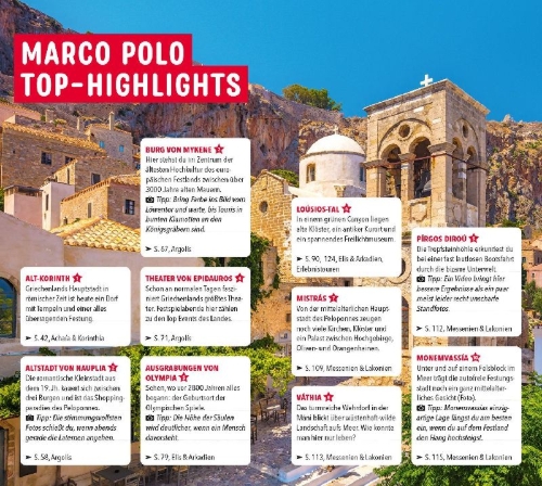 Buchcover und Innenansicht für das Buch: MARCO POLO Reiseführer Peloponnes
