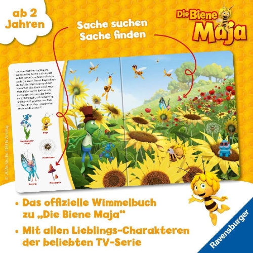 Buchcover und Innenansicht für das Buch: Die Biene Maja: Mein wimmeliger Suchspaß