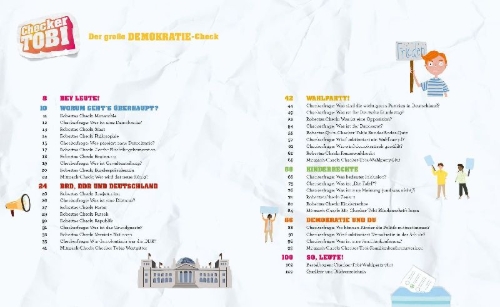 Buchcover und Innenansicht für das Buch: Checker Tobi - Der große Demokratie-Check: Wahlen, Parlamente, Kinderrechte - Das check ich für euch!