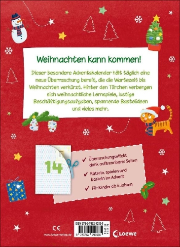 Buchcover und Innenansicht für das Buch: Mein Adventskalender zum Rätseln, Spielen und Basteln