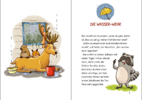 Buchcover und Innenansicht für das Buch: Die Tier-Feuerwehr (Band 2) - Eine klitschnasse Rettungsaktion