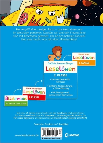 Buchcover und Innenansicht für das Buch: Leselöwen 2. Klasse - Pizza-Abenteuer im Weltraum