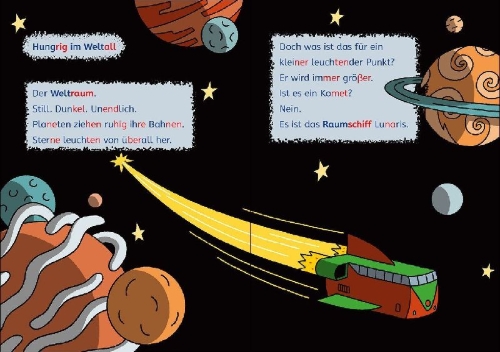 Buchcover und Innenansicht für das Buch: Leselöwen 2. Klasse - Pizza-Abenteuer im Weltraum