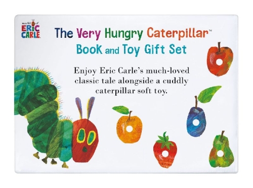 Buchcover und Innenansicht für das Buch: The Very Hungry Caterpillar. Book and Plush-Toy