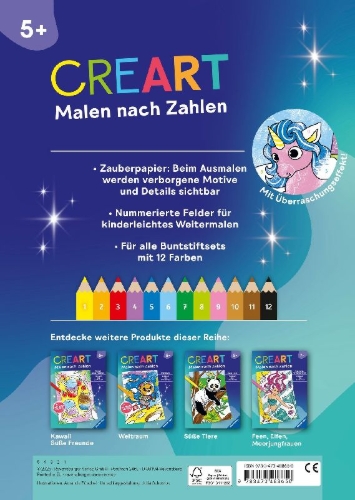 Buchcover und Innenansicht für das Buch: CreArt Malen nach Zahlen ab 5 - Zauberpapier: Einhorn Zauber