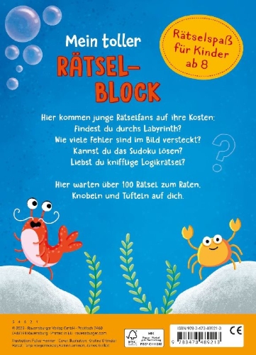 Buchcover und Innenansicht für das Buch: Ravensburger Mein toller Rätselblock ab 8 Jahre über 100 Rätsel und Knobeleien - Sudoku, Logicals, Labyrinthe, Worträtsel, Sprachrätsel, Gedächtnisrätsel uvm.