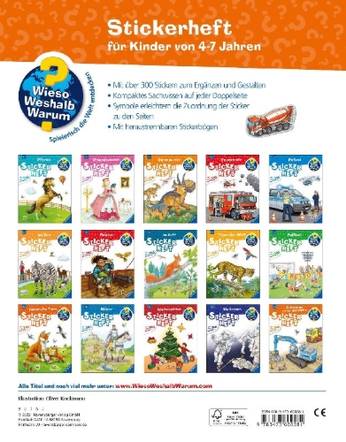 Buchcover und Innenansicht für das Buch: Wieso? Weshalb? Warum? Stickerheft: Fahrzeuge auf der Baustelle
