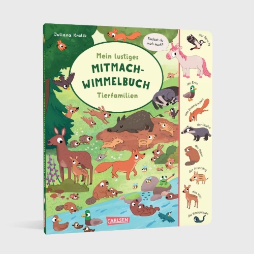 Buchcover und Innenansicht für das Buch: Mein lustiges Mitmach-Wimmelbuch: Tierfamilien