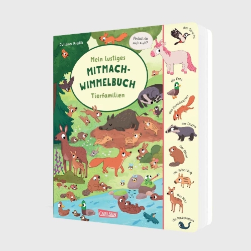 Buchcover und Innenansicht für das Buch: Mein lustiges Mitmach-Wimmelbuch: Tierfamilien