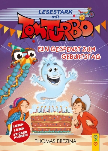 Buchcover und Innenansicht für das Buch: Tom Turbo - Lesestark - Ein Gespenst zum Geburtstag