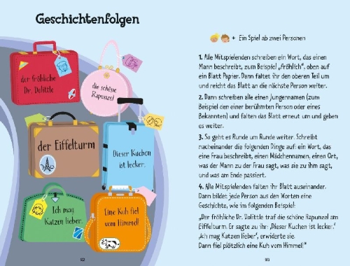 Buchcover und Innenansicht für das Buch: Das Spiel- und Spaßbuch für die Ferien