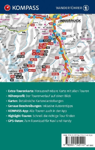 Buchcover und Innenansicht für das Buch: KOMPASS Wanderführer Stubaital und Wipptal mit Gschnitz, Obernberg, Navis, Schmirn, Vals, 65 Touren mit Extra-Tourenkarte