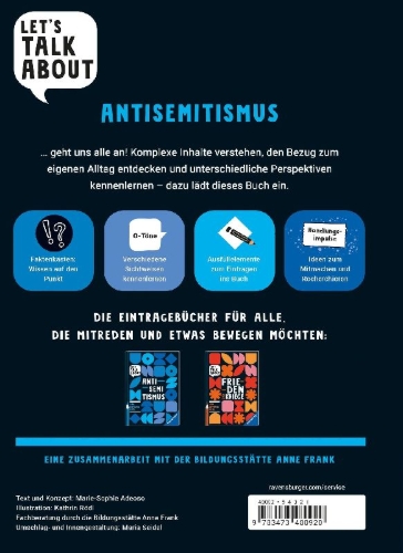 Buchcover und Innenansicht für das Buch: Let's talk about - Antisemitismus. Dein Eintragebuch