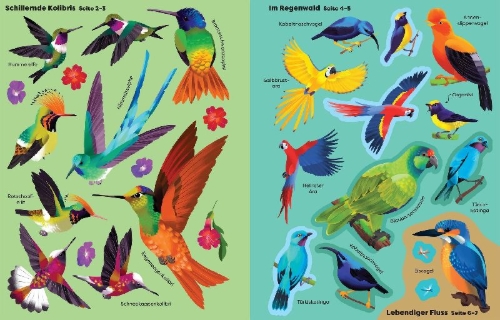 Buchcover und Innenansicht für das Buch: Die große Sticker-Tierwelt: Vögel
