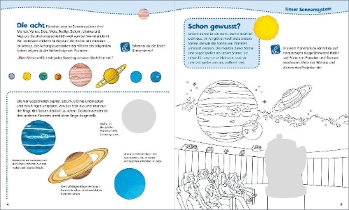 Buchcover und Innenansicht für das Buch: WAS IST WAS Junior Mitmach-Heft Weltraum