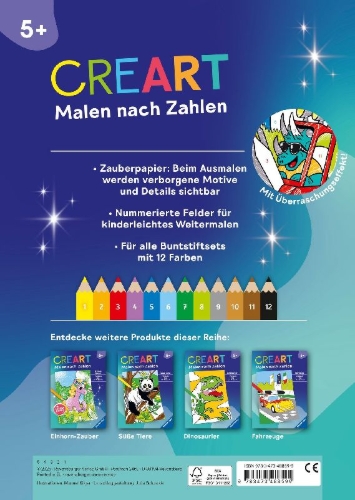 Buchcover und Innenansicht für das Buch: CreArt Malen nach Zahlen ab 5 - Zauberpapier: Dinos auf der Baustelle