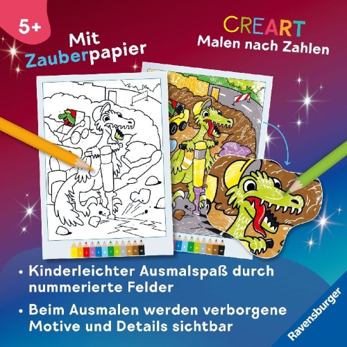Buchcover und Innenansicht für das Buch: CreArt Malen nach Zahlen ab 5 - Zauberpapier: Dinos auf der Baustelle