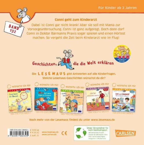 Buchcover und Innenansicht für das Buch: LESEMAUS 132: Conni geht zum Kinderarzt