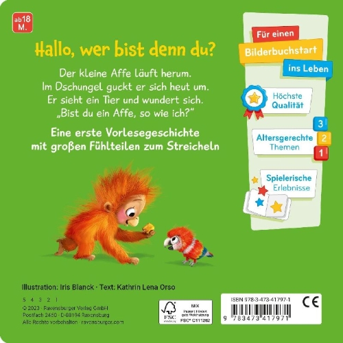 Buchcover und Innenansicht für das Buch: Mein erstes Vorlese-Fühlbuch - Bist du ein Affe?