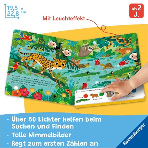 Buchcover und Innenansicht für das Buch: Mein großes Lichter-Wimmelbuch - Im Dschungel