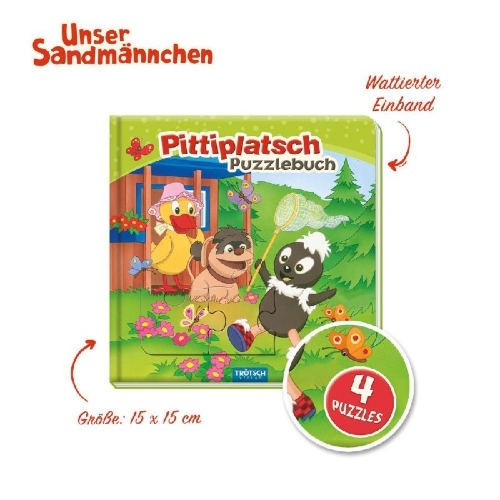 Buchcover und Innenansicht für das Buch: Trötsch Unser Sandmännchen Puzzlebuch mit 4 Puzzle Pittiplatsch