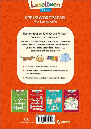 Buchcover und Innenansicht für das Buch: Leselöwen Kreuzworträtsel für Leseprofis - 2. Klasse (Rotorange)