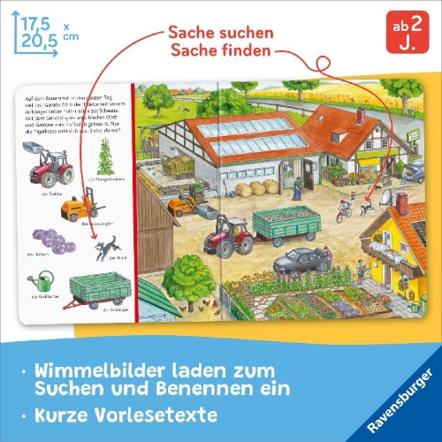 Buchcover und Innenansicht für das Buch: Sachen suchen: Auf dem Bauernhof - Wimmelbuch ab 2 Jahren
