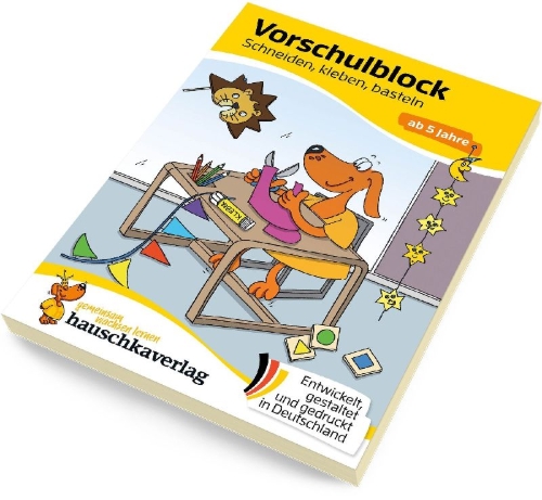 Buchcover und Innenansicht für das Buch: Vorschulblock ab 5 Jahre für Junge und Mädchen - Schneiden, kleben, basteln