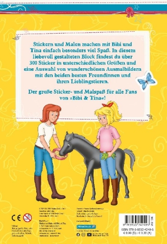 Buchcover und Innenansicht für das Buch: Bibi & Tina: Stickern und Malen mit Bibi und Tina