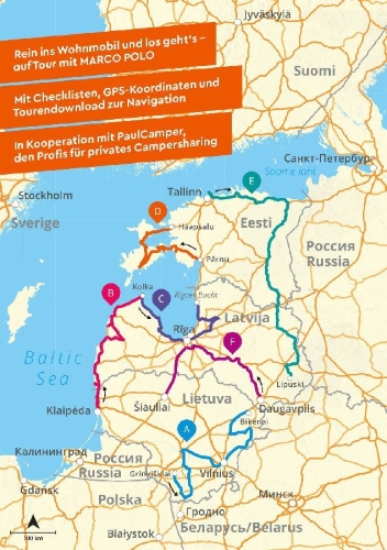 Buchcover und Innenansicht für das Buch: MARCO POLO Camper Guide Baltikum: Estland, Lettland & Litauen