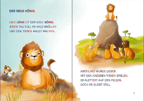 Buchcover und Innenansicht für das Buch: Leselöwen 1. Klasse - Ein Löwe findet Freunde (Großbuchstabenausgabe)