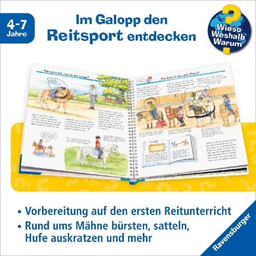 Buchcover und Innenansicht für das Buch: Wieso? Weshalb? Warum?, Band 73: Komm mit zum Reiten