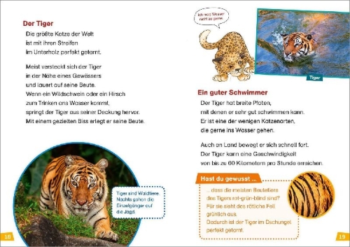 Buchcover und Innenansicht für das Buch: WAS IST WAS Erstes Lesen Band 17. Raubkatzen